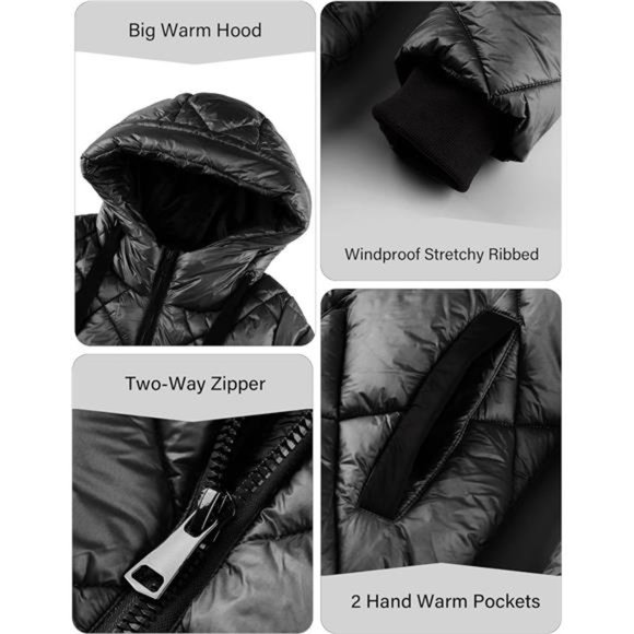 Women Long Heavy Puffer Coat Diamond Quilted Thermal Winter Parka Jacket, Black - Picture 5 of 7
